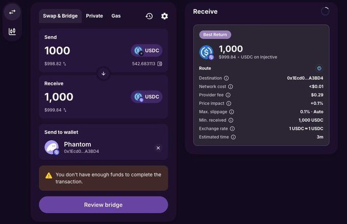A cryptocurrency swap interface showing a transaction to send 1000 USDC and receive 1,000 USDC, with a 'Best Return' panel on the right showing the destination address '0x1Ec0...A3BD4' and details like network cost <$0.01, provider fee $0.29, and estimated time of 3m. A warning at the bottom states 'You don't have enough funds to complete the transaction.'