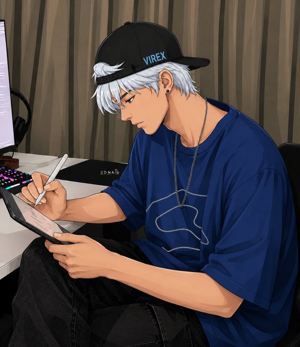 An anime-style illustration of a white-haired man wearing a black 'VIREX' cap and blue shirt, using a stylus on a tablet in a studio setting.