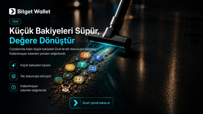 Bitget Wallet introduces a new "Dust" feature that converts small leftover token balances into usable value with a single tap. The ad visually depicts a vacuum cleaner sweeping up colorful crypto token icons—including Bitcoin (B), Ethereum, and Dogecoin (D)—symbolizing how users can tidy their wallets by swapping scattered low balances in one click, with the call-to-action "Dust'ı şimdi takas et" ("Swap Dust now").