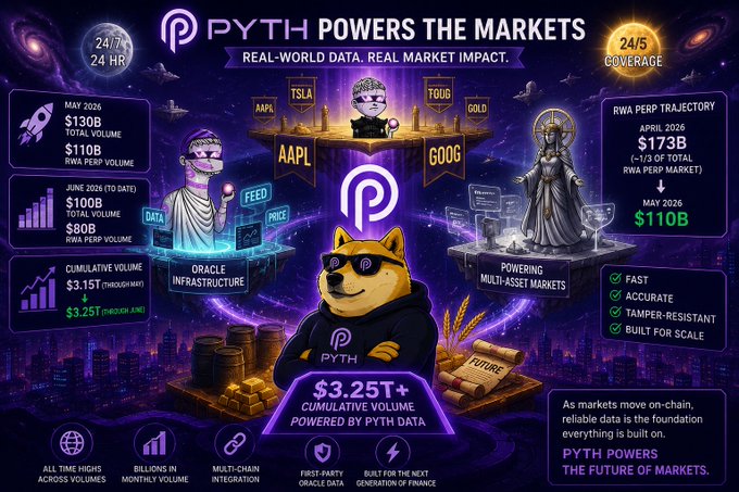A stylized promotional graphic titled "PYTH POWERS THE MARKETS" highlights Pyth Network's real-world data impact, featuring stats like "$130B MAY 2026 TOTAL VOLUME" and "$110B RWA PERP VOLUME," alongside a projected RWA perp trajectory growing from $110B (May 2026) to $173B (April 2026). It visually supports the post's message about Pyth's massive $130B May volume and $110B in RWA perpetuals driving reliable on-chain market pricing.
