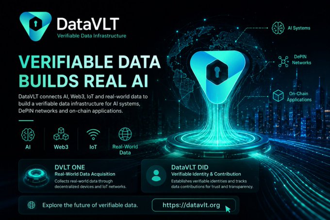 A promotional graphic for 'DataVLT - Verifiable Data Infrastructure' advertising 'VERIFIABLE DATA BUILDS REAL AI' with the website https://datavlt.org.