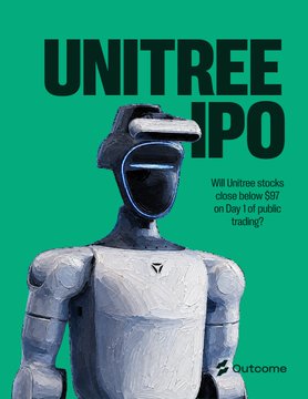 A green promotional graphic for Unitree's IPO asking 'Will Unitree stocks close below $17 on Day 1 of public trading?' featuring the company's humanoid robot.