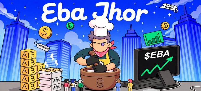 A cartoon graphic for 'Eba Thor' shows a chef stirring a large pot in a city setting, surrounded by crypto symbols, price tags reading 'A PRICE UP' and 'TO THE MOON $', stacks of boxes labeled 'EBA', and a monitor displaying '$EBA' with a rising green arrow.