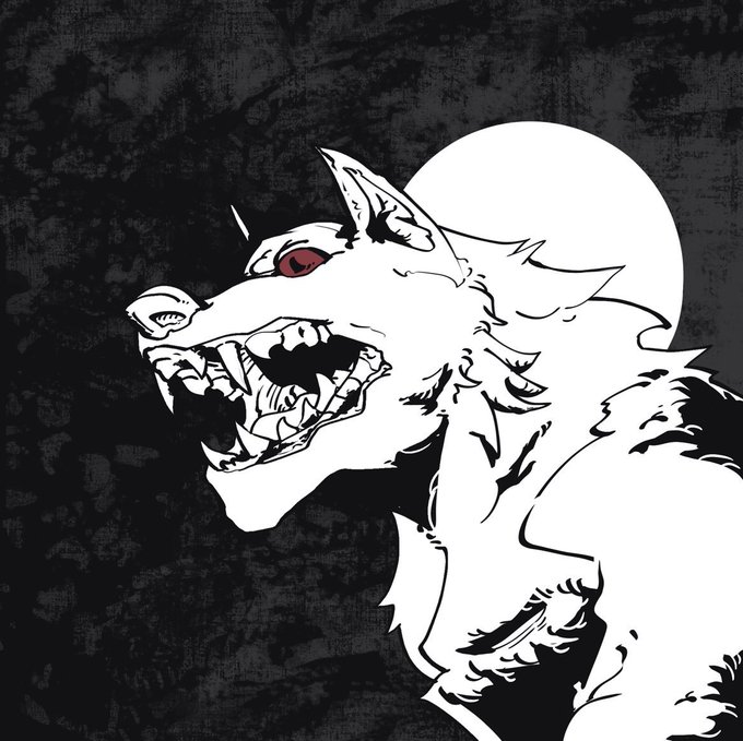A snarling, fanged wolf with glowing red eyes is depicted in stark black-and-white line art against a full moon, evoking the namesake "Fang" branding of the project. The illustration visually reinforces the aggressive, crypto-anarchist aesthetic often used in meme-coin and NFT marketing.