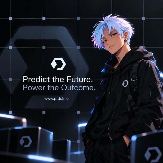An anime-style illustration of a blue-haired character wearing a black hooded jacket with a logo, set against a tech-themed background. Text reads 'Predict the Future. Power the Outcome.' with the website www.prdctr.io.