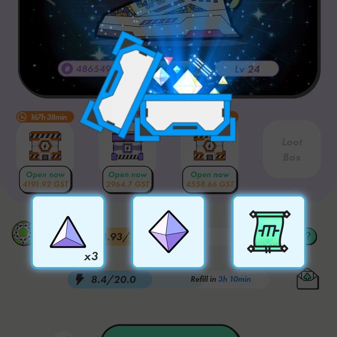 A mobile game interface showing energy refill icons (3 purple gems, 1 octahedron, 1 scroll) with 8.4/20.0 energy, and three loot boxes available to open for GST (4191.92, 2964.7, 4558.66) at Level 24.