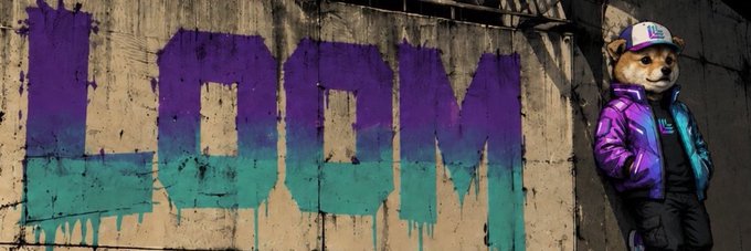 A Shiba Inu character in a vibrant purple puffer jacket and cap stands beside graffiti-style text reading "LOOM" painted in a purple-to-teal gradient on a weathered concrete wall. The image aligns with the post's mention of a new banner for the Solana token $LOOM, showcasing the meme-inspired branding likely used on Moby's listing page.