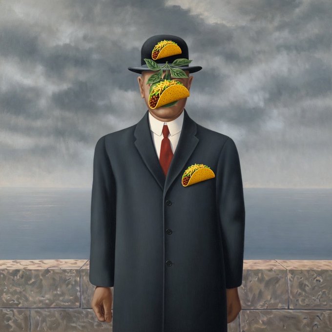 The image features a man dressed in a suit with two tacos on his face, one of which is a taco hat. The man appears to be standing near water or an ocean, as suggested by the presence of a stone wall in the background. The caption provided seems unrelated and does not directly connect to the main subject matter of the image.