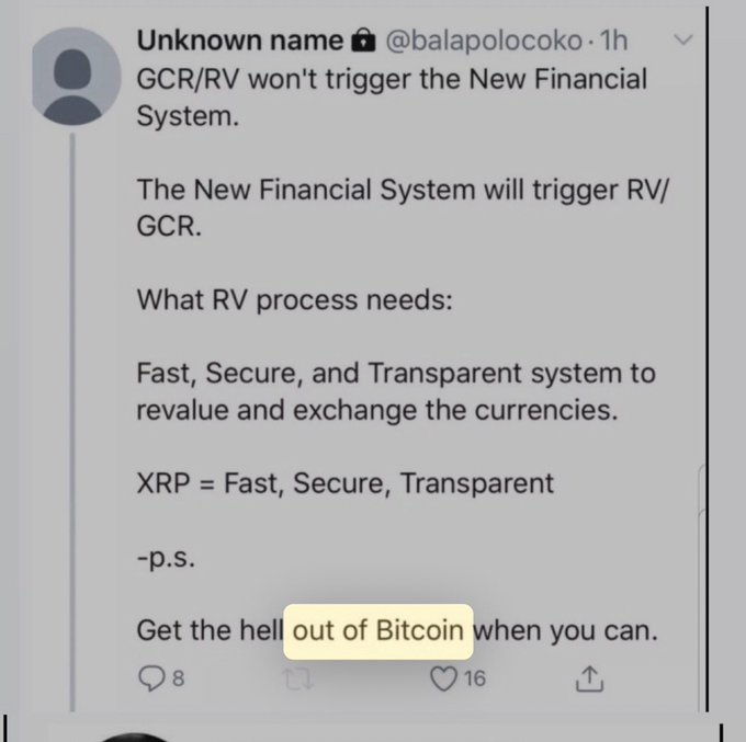 A tweet by @balapolocoko argues that GCR/RV won't trigger the New Financial System, but rather the New Financial System will trigger RV/GCR through XRP's "Fast, Secure, and Transparent" capabilities. The tweet concludes with the highlighted phrase "out of Bitcoin," directly echoing the accompanying post's comparison that the overall message feels like "Get the hell out of Bitcoin when you can."