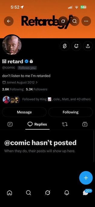 A screenshot of a now-private X/Twitter account "@comic" displaying the username "lil retard" with the bio "don't listen to me I'm retarded" and 2.8K Following, showing the empty state "@comic hasn't posted" with no visible content, illustrating the post's claim about a notable $MSTR hater privatizing their account after Bitcoin's 25% weekly climb.