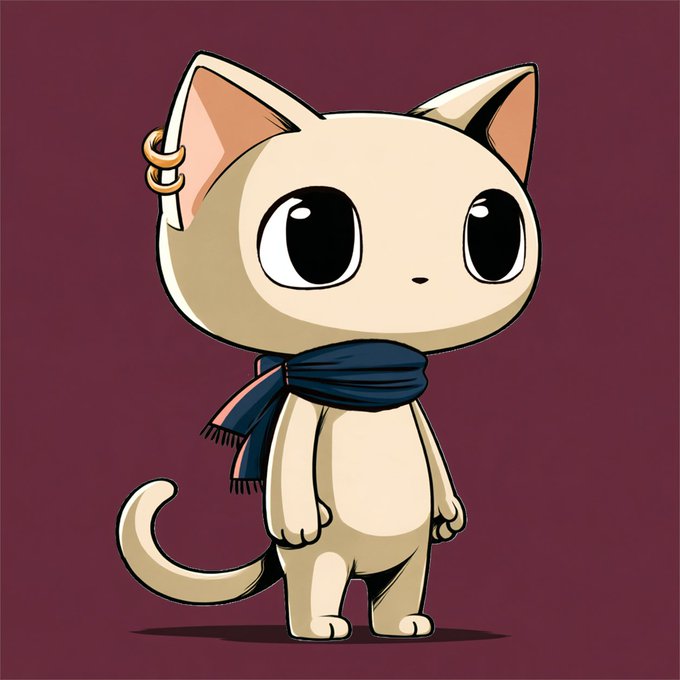 A cartoon illustration of a beige cat character with large black eyes, wearing a navy and pink scarf and gold hoop earrings, standing against a maroon background.