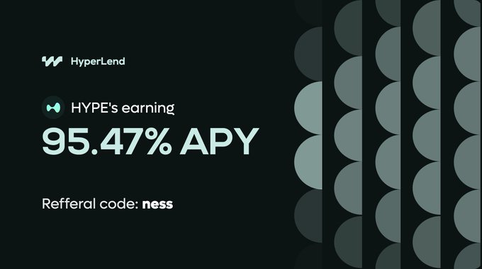 A sleek black promotional graphic from HyperLend highlights a "95.47% APY" earnings opportunity for HYPE token holders, featuring the platform's logo and a referral code "ness" alongside a pattern of sage green circles.