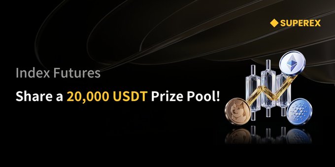 The image features an advertisement for an Index Futures platform, which allows users to buy and sell future contracts. It offers a $20,000 USDT prize pool for users who invest over 100 dollars in the scheme and achieve at least 15% return on their investment within a three-year period. Additionally, there is a 5-dollar bonus for reaching a target of 20,000 USDT. The advertisement also includes images of coins used to represent the future contracts, which are set against a black background, with some reflections adding depth to the visuals.