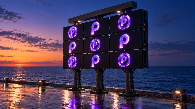 A large illuminated sign displays purple "P" logos arranged in a grid, situated by the ocean at sunset with colorful sky reflections on the wet pavement.
