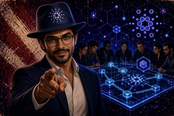 Stylized illustration of a man in a blue hat and glasses pointing at the viewer, set against a background featuring a glowing blue blockchain graphic and a team of people at a conference table.