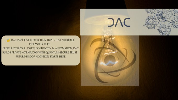 The image features a lightbulb against a dark background. The text above the lightbulb reads "DAC @dac_chain isn't just blockchain hype - it's enterprise infrastructure". Below the lightbulb, there is a caption that says "Focus on what is in the image and how it relates to the post."
