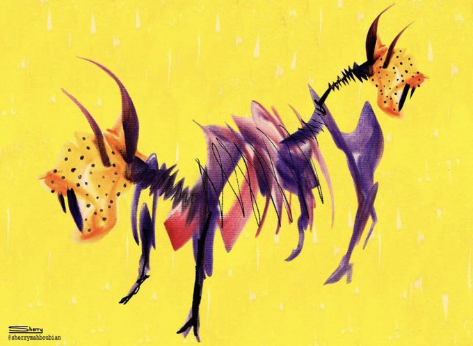 A digital illustration by Sherry (@sherrymaboudian) depicting two skeletal creatures with purple bodies, yellow spotted heads, and long curved horns against a bright yellow background with rain-like marks.