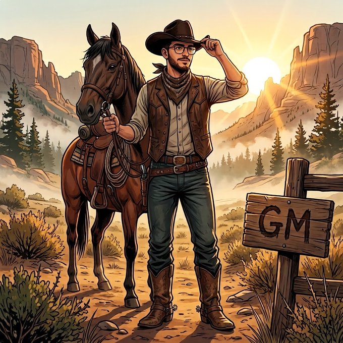 A digital illustration of a cowboy tipping his hat next to a brown horse in a desert landscape, with a wooden sign reading 'GM' beside him.