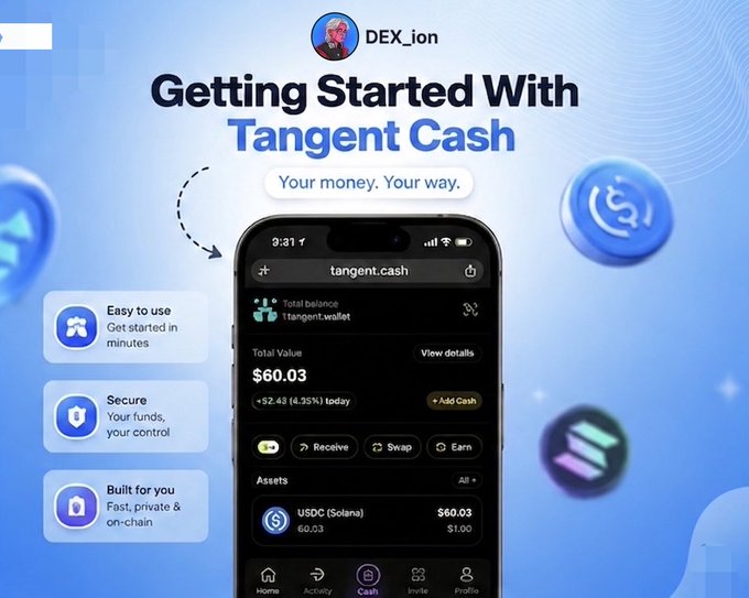 A promotional graphic by DEX_ion titled 'Getting Started With Tangent Cash' showing a smartphone displaying the tangent.cash wallet interface with a USDC balance of $60.03.