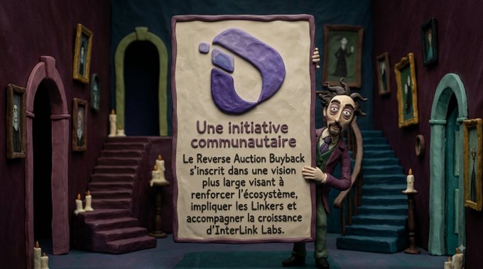 A claymation-style scene featuring a character holding a sign with a purple logo and French text reading "Une initiative communautaire. Le Reverse Auction Buyback s'inscrit dans une vision plus large visant à renforcer l'écosystème, impliquer les Linkers et accompagner la croissance d'InterLink Labs."
