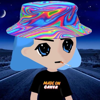 A cartoon avatar with blue hair, large anime-style eyes, and a cigarette wears a black shirt reading "MADE ON GARIYA" along with a vibrant, psychedelic bucket hat, set against a nighttime road backdrop featuring a crescent moon. The image fits the "#NewProfilePic" post about emerging fresh from the "Sui Sewers" with its underground, stylized vibe.