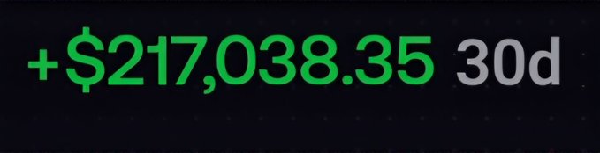 A bold green "+$217,038.35" profit figure with "30d" displayed against a dark background, highlighting the trader's solid monthly performance referenced in the post about achieving six-figure all-time PnL on the gFomo platform.
