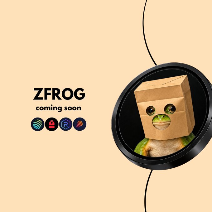 Promotional graphic for 'ZFROG coming soon' featuring a frog wearing a paper bag on its head, displayed in a circular frame alongside four crypto/NFT platform icons.