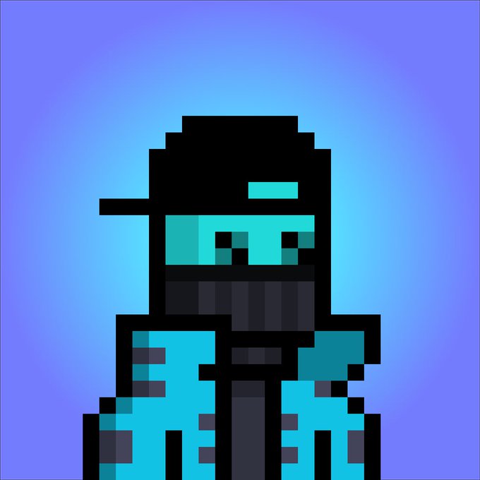 A pixel art character wearing cyan and dark blue armor with a black helmet and glowing cyan visor stands against a gradient blue background.