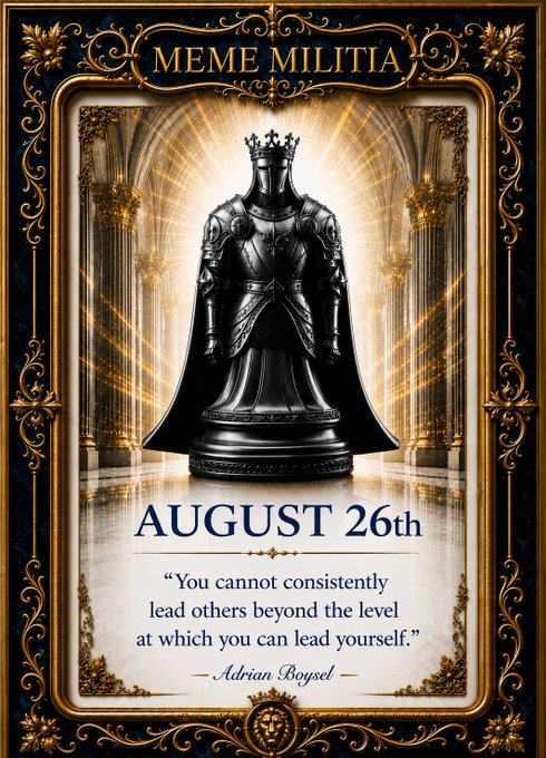 A poster titled 'MEME MILITIA' featuring a black knight figure with the date 'AUGUST 26th' and the quote: 'You cannot consistently lead others beyond the level at which you can lead yourself.' - Adrian Boysel.
