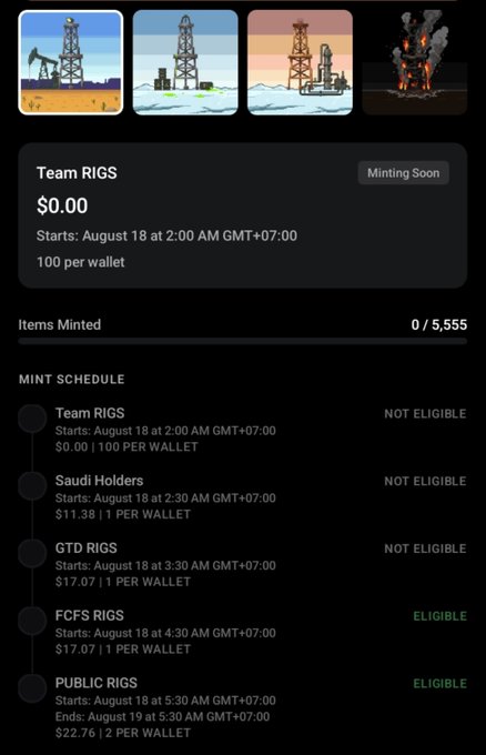 An NFT minting schedule page shows 'Team RIGS' minting soon for $0.00 starting August 18 at 2:00 AM GMT+07:00, with eligibility phases including 'Team RIGS', 'Saudi Holders', 'GTD RIGS', 'FCFS RIGS', and 'PUBLIC RIGS' for 5,555 total items.