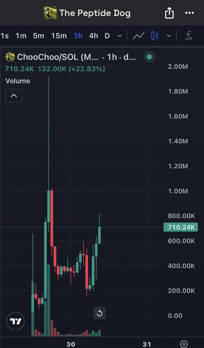 A TradingView chart from "The Peptide Dog" shows the $CHOOCHOO/SOL token spiking to a peak of roughly 1.00M (over 1 million) before crashing back down to 710.24K with a 22.83% loss over 1 hour, with the price action from the 30th showing a sharp pump-and-dump pattern. The chart visually supports the poster's complaint about Solana meme coins running up to multi-million dollar valuations before plummeting roughly 90% within hours.