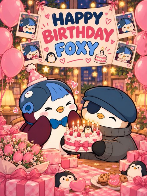 A festive 'Happy Birthday Foxy' illustration featuring two cartoon penguins celebrating with a birthday cake, balloons, and gifts.