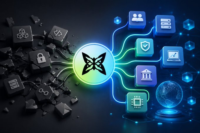 The image presents a vibrant and colorful illustration with various elements related to computing and networking, such as blue, white, and green icons for different devices or platforms like a computer, laptop, tablet, cloud server, networking device, and security patches. The focus is on creating a user interface that highlights the importance of adding new security and compute capabilities alongside existing infrastructure instead of starting over with new servers and networks from scratch.