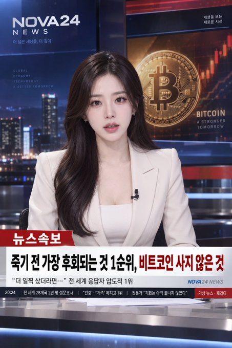 An AI-generated news broadcast from 'NOVA24 NEWS' featuring an anchor in a white blazer, with a Bitcoin graphic and Korean text about cryptocurrency market trends.
