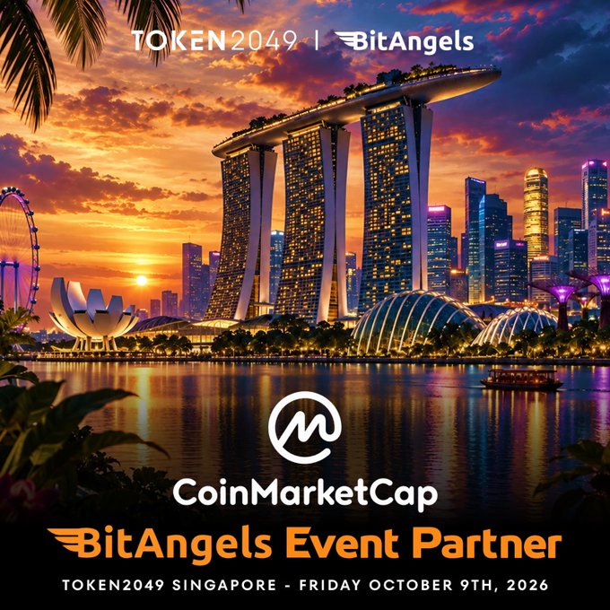 A promotional graphic for TOKEN2049 featuring a sunset view of the Singapore skyline including Marina Bay Sands, with text identifying CoinMarketCap as a BitAngels Event Partner for the Friday October 9th, 2026 event in Singapore.