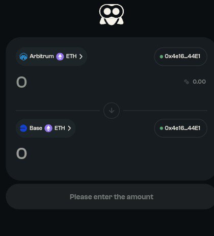 A dark-themed crypto transfer interface showing a swap from Arbitrum ETH to Base ETH, both at 0.00, with a prompt to 'Please enter the amount'.