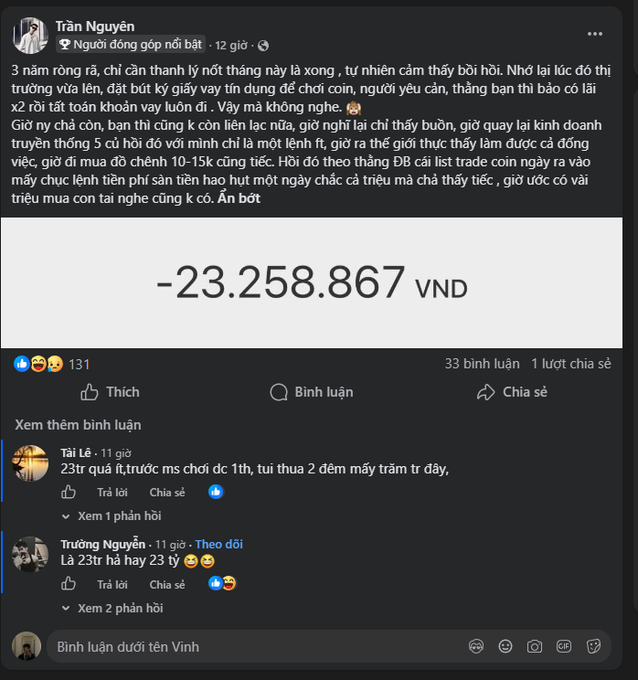 A Facebook post by "Trần Nguyễn" sharing a screenshot of a significant financial loss of **-23,258,867 VND**, likely from cryptocurrency trading, reflecting on three years of struggling with the market. The post includes comments from friends sharing similar experiences and consoling the poster.