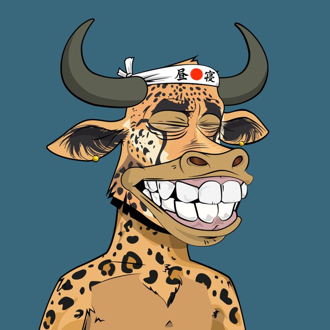 A cartoon giraffe with a wide, toothy grin wears a white headband featuring Japanese characters "昼夜" flanking a red dot, matching the post's recognition of @Bayc364 as the 5th Honorary Lazy Bull and "King of Gimboz."