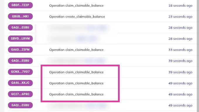 The image shows a blockchain activity feed displaying multiple operations such as "claim_claimable_balance" and "create_claimable_balance" occurring in rapid succession (within 18-49 seconds), with three recent claim operations highlighted in a pink box, illustrating the sudden burst of migration-related transaction activity referenced in the post.