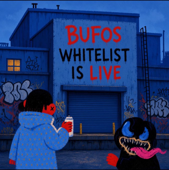 A character in a blue polka-dot hoodie spray-paints graffiti on a warehouse wall while a menacing black monster with sharp teeth and a pink tongue approaches, with bold red and black text reading "BUFOS WHITELIST IS LIVE" displayed prominently on the building. The artwork visually promotes the BUFOS whitelist announcement by showing the act of leaving your mark before the monster catches you, reinforcing the urgency to join the @jestersjpegs whitelist.