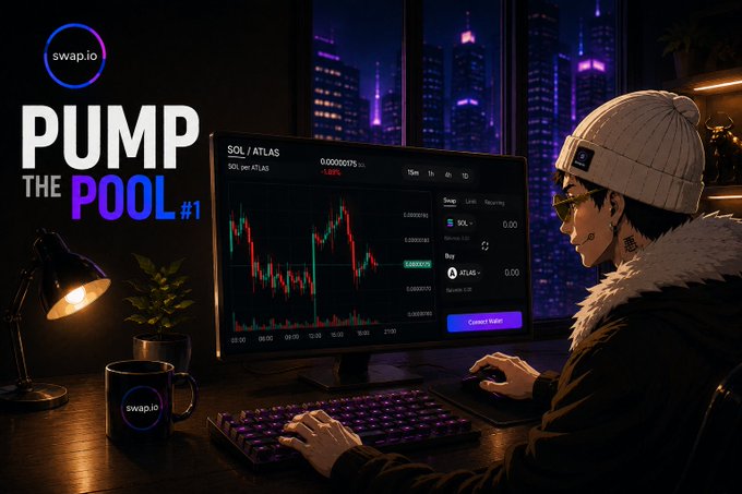 A trader in a beanie and sunglasses analyzes the SOL/ATLAS chart on a monitor displaying the Swap.io interface, with bold text announcing "PUMP THE POOL #1" and the Swap.io logo, promoting a trading competition offering up to $10,000 to the top 20 Solana traders.