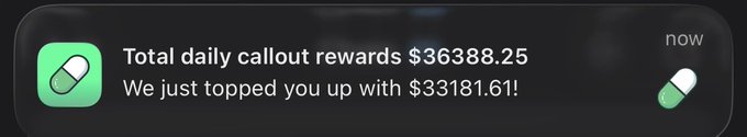 A push alert from a coin/capsule app shows "Total daily callout rewards $36388.25" and "We just topped you up with $33181.61!" — illustrating the impressive daily earnings the poster received for calling and holding the top-performing coin.
