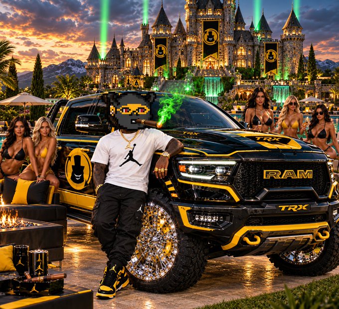 A stylized digital artwork featuring a man in white Jordan apparel smoking a cigar in front of a black and gold RAM TRX truck, with a Disney-style castle, green laser beams, and women in bikinis in the background.