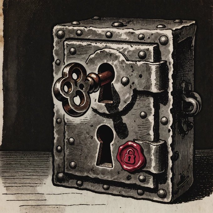 An ornate metal safe with a key in its lock is shown, sealed with a red wax stamp bearing a lock symbol — symbolizing the newly added support for BIP39 passphrase (the "25th word") security feature in Vizor.