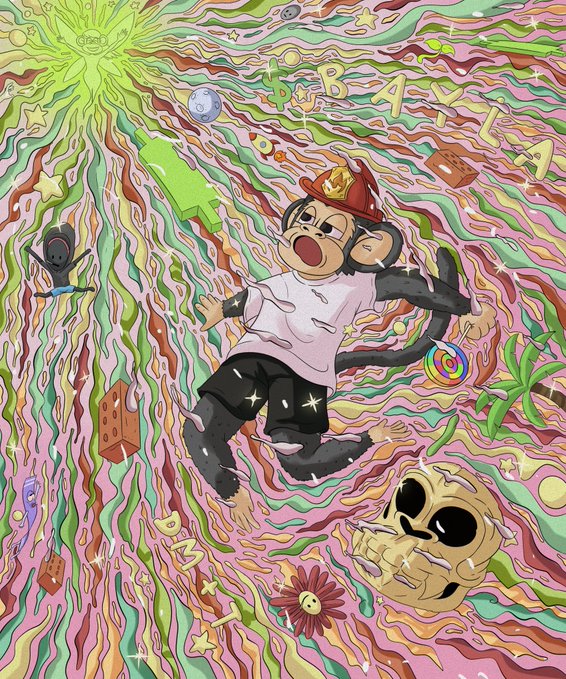 A vibrant, wavy illustration of a monkey wearing a firefighter hat floating in a psychedelic multicolored background with the text 'NBBAKA' and a smiling sun.