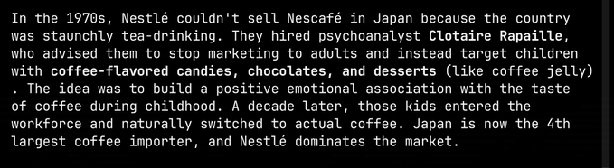 The image shows a post with text that reads, "In the 1970s, Nestle could not sell Nescafe in Japan because the country was already saturated with tea drinking. They hired a psychoanalyst who advised them to stop marketing to adults and instead target children with their product." The post also mentions that the author is Vitalik Olatimek.