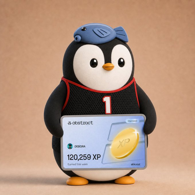 A 3D rendered penguin character wearing a blue fish hat and a black basketball jersey with a red number '1', holding a sign that reads 'abstract 120,259 XP Earned this week' for a user named DEBORA.