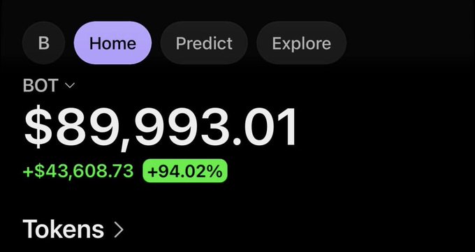 A cryptocurrency app screen showing a BOT portfolio value of $89,993.01, with a gain of +$43,608.73 (+94.02%) and a 'Tokens' section below.