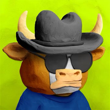 A 3D-rendered anthropomorphic bull character wearing a black cowboy hat and dark aviator sunglasses against a bright green background.