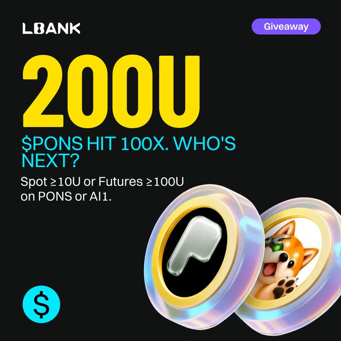 A bold LBANK giveaway advertisement offers 200U in prizes for trading $PONS or $AI1 (Spot ≥10U or Futures ≥100U), featuring a sleek "2000U $PONS HIT 100X" headline alongside 3D tokens displaying the PONS logo and a Shiba Inu mascot.